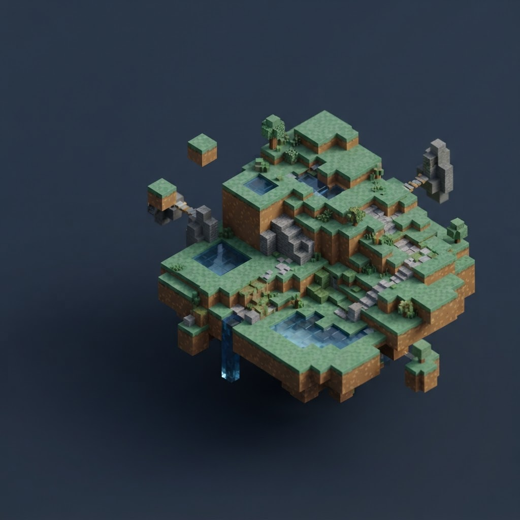 Isometric voxel landscape of grass and dirt blocks